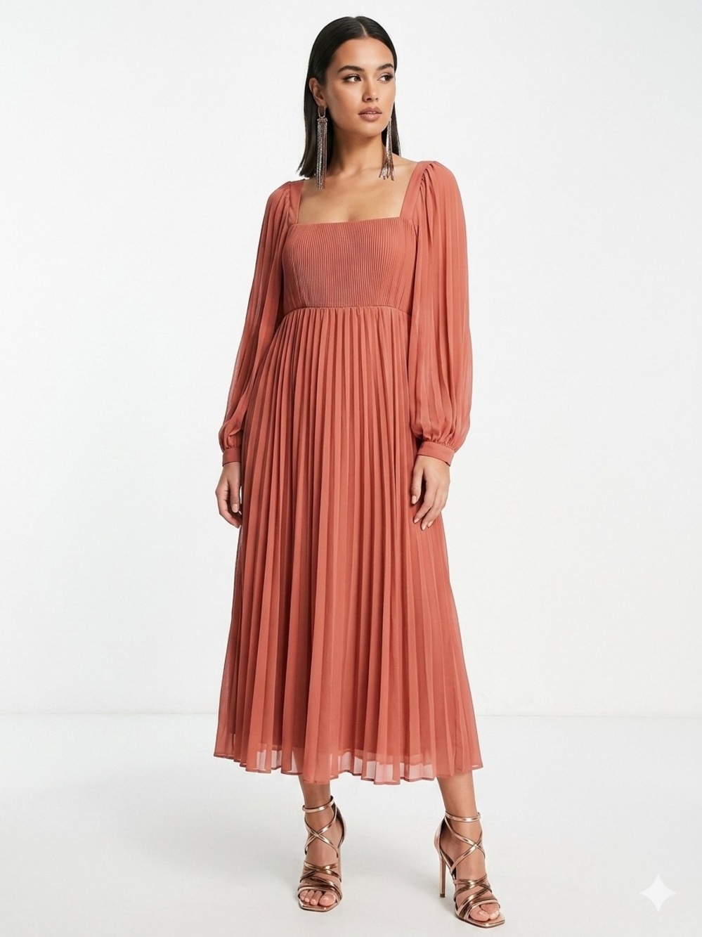 ASOS DESIGN Pleated Square Neck Long Sleeve Maxi Dress Rust Terracotta